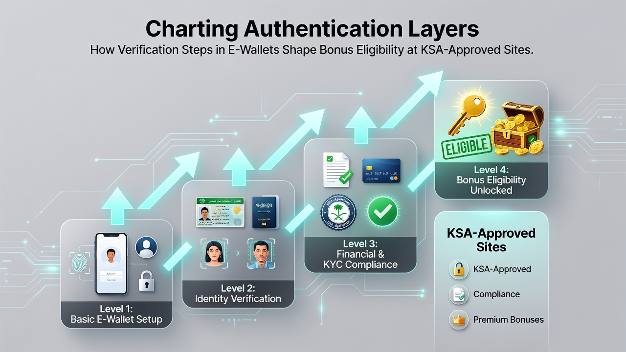 Diagram van authenticatielagen in e-wallets met verificatiestappen en bonusvoorwaarden bij KSA-platforms