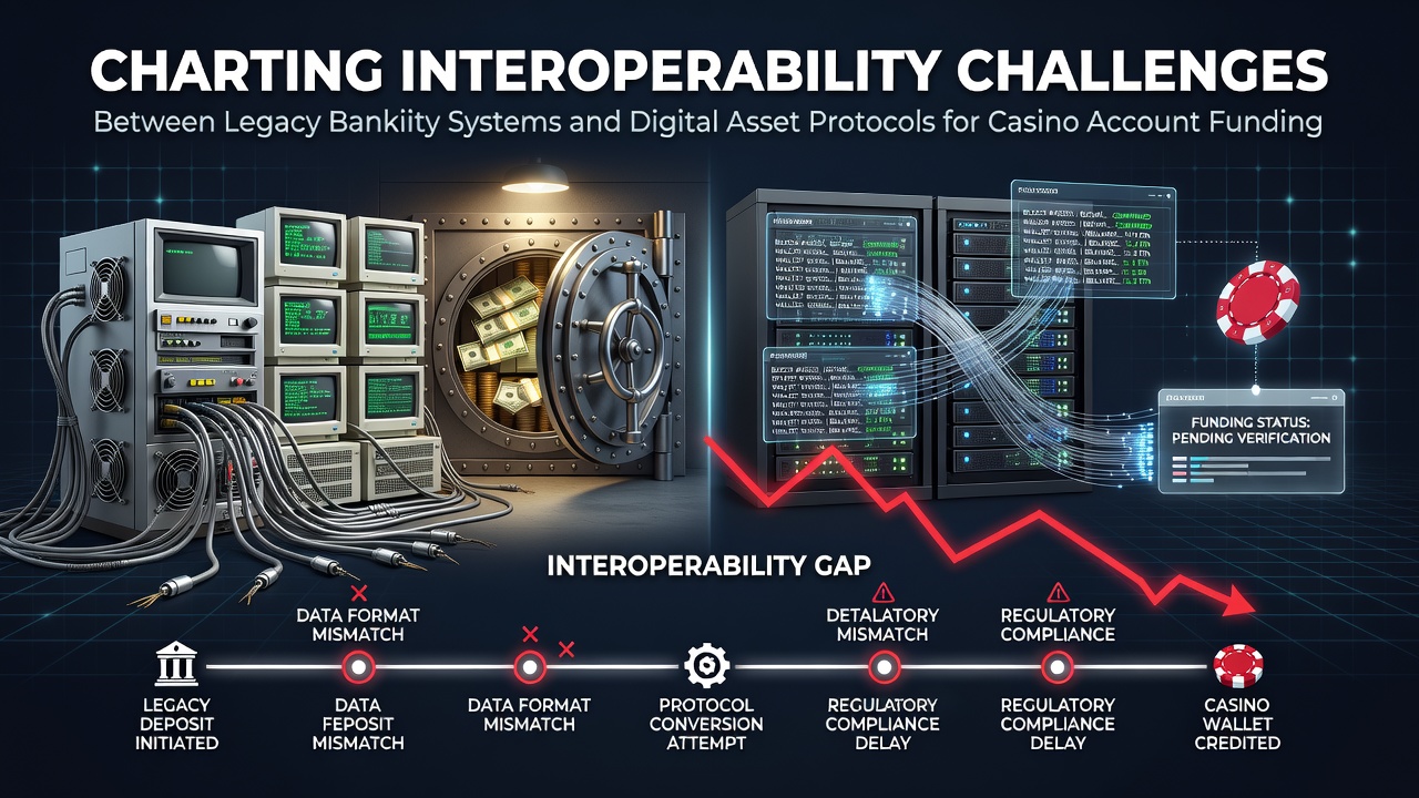 Diagram van legacy banksystemen die verbinding maken met blockchain protocollen voor casino betalingen