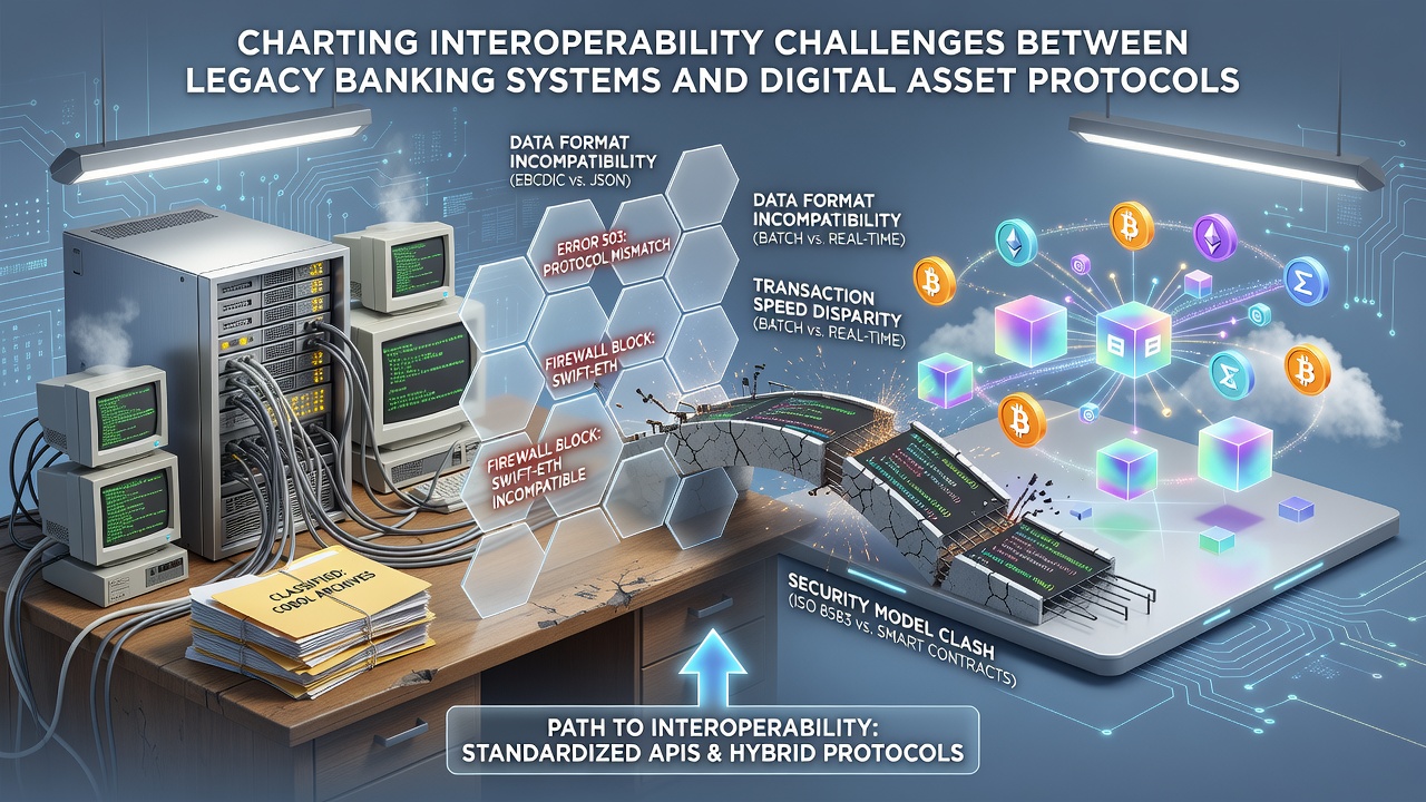 Illustratie van blockchain transacties die integreren met traditionele banknetwerken in een casino context
