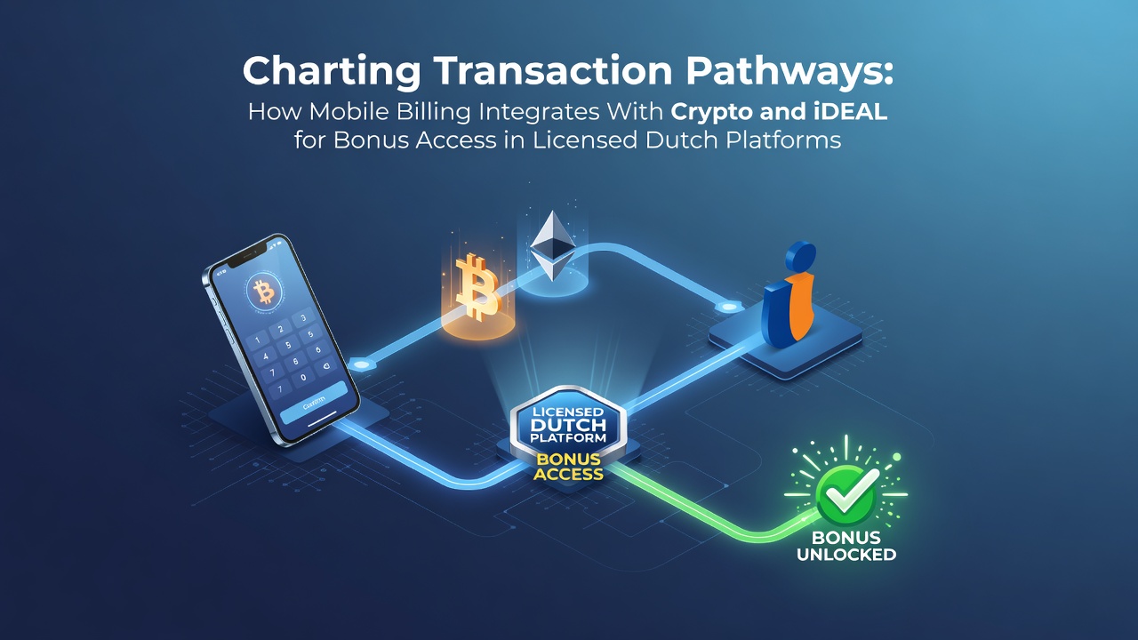 Diagram van transactiepadintegratie tussen mobiele facturatie, crypto en iDEAL op Nederlandse platforms