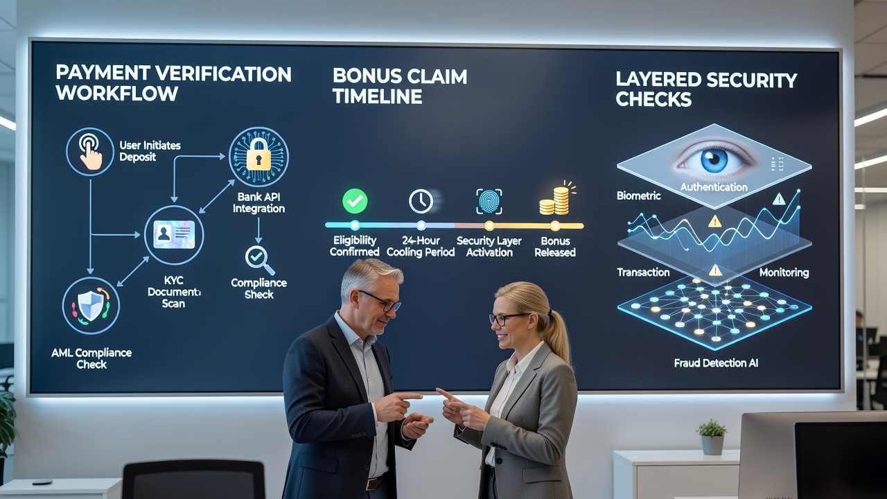 Illustratie van gelaagde beveiligingschecks bij Nederlandse online casino's met focus op betalingsverificatie en bonusclaims