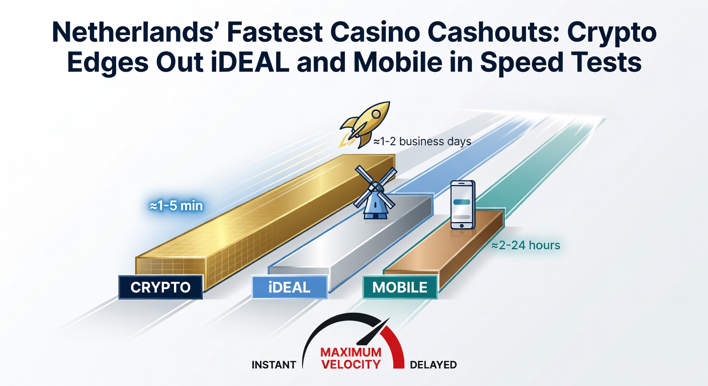 Grafiek met snelheidvergelijking van crypto, iDEAL en mobiele uitbetalingen bij Nederlandse online casino's, waar crypto duidelijk voorop loopt