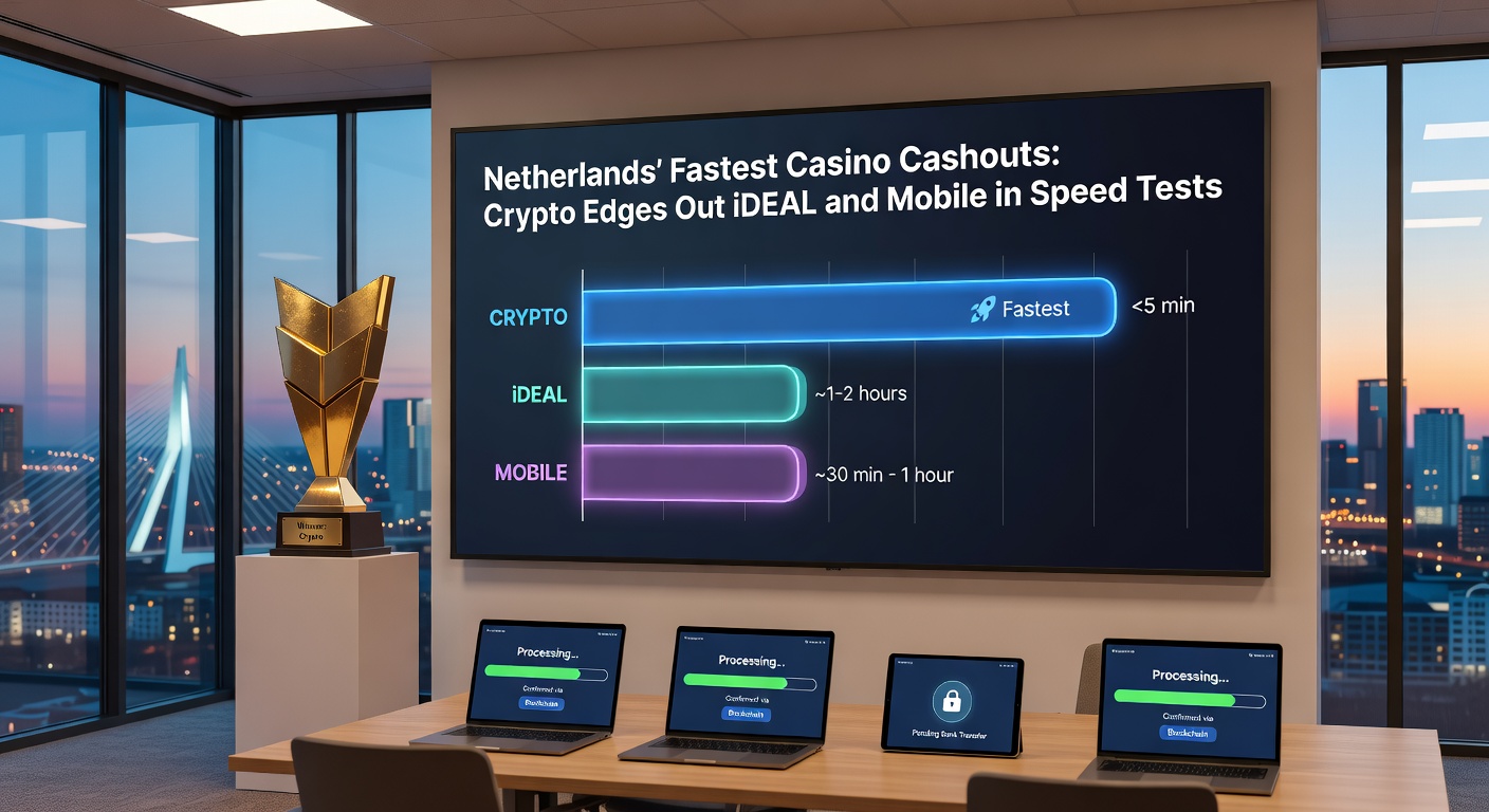Vergelijkende tijdlijn van uitbetalingsprocessen: crypto in groen (snel), iDEAL in oranje (medium) en mobiel in rood (langzaam), gebaseerd op Nederlandse tests