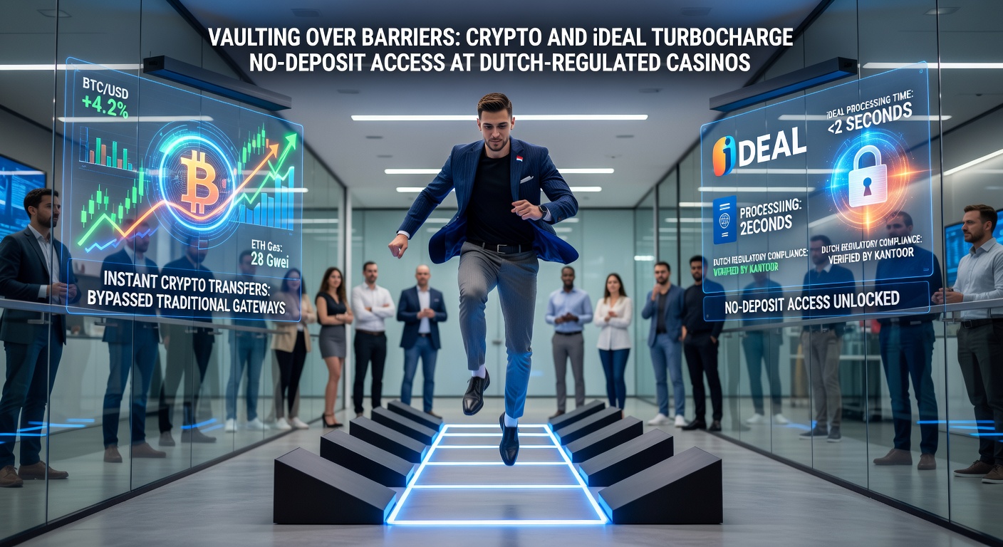 Afbeelding van een blockchain-netwerk met iDEAL-logo's en casino-chips die no-deposit bonussen activeren, symboliserend snelle en veilige transacties in de Nederlandse markt