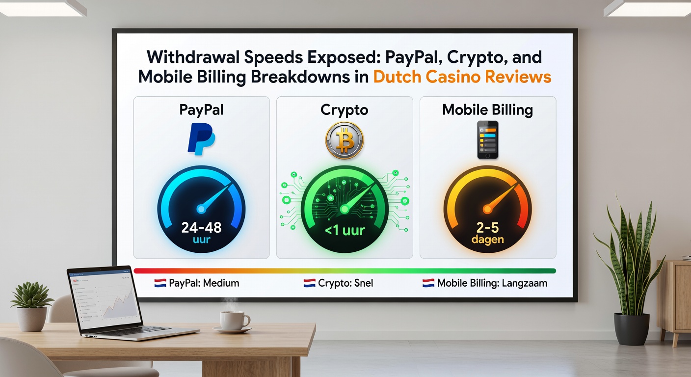 Vergelijkende infographic van uitbetalingssnelheden met PayPal, crypto en mobiel factureren gebaseerd op recente casino reviews